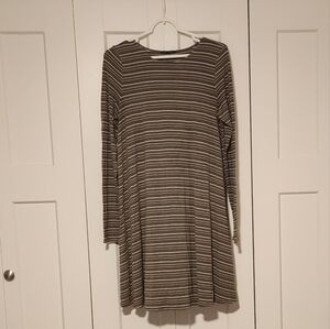 American Eagle Outfitters Women's Olive And Cream Striped Long Sleeve Dress Sz L